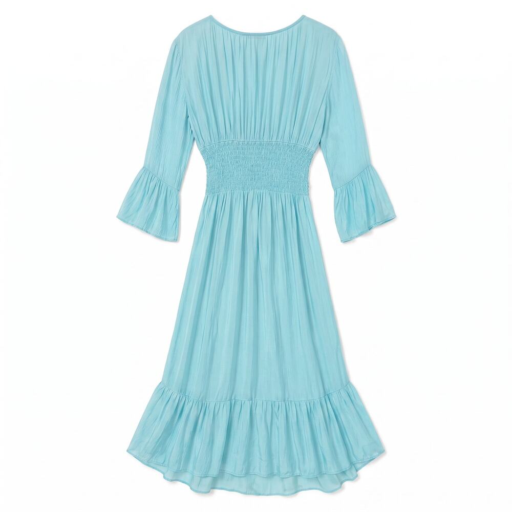 Italian 100% Silk Aqua Mint Smocked Waist Maxi Dress | Balloon Sleeves - Picture 2 of 6